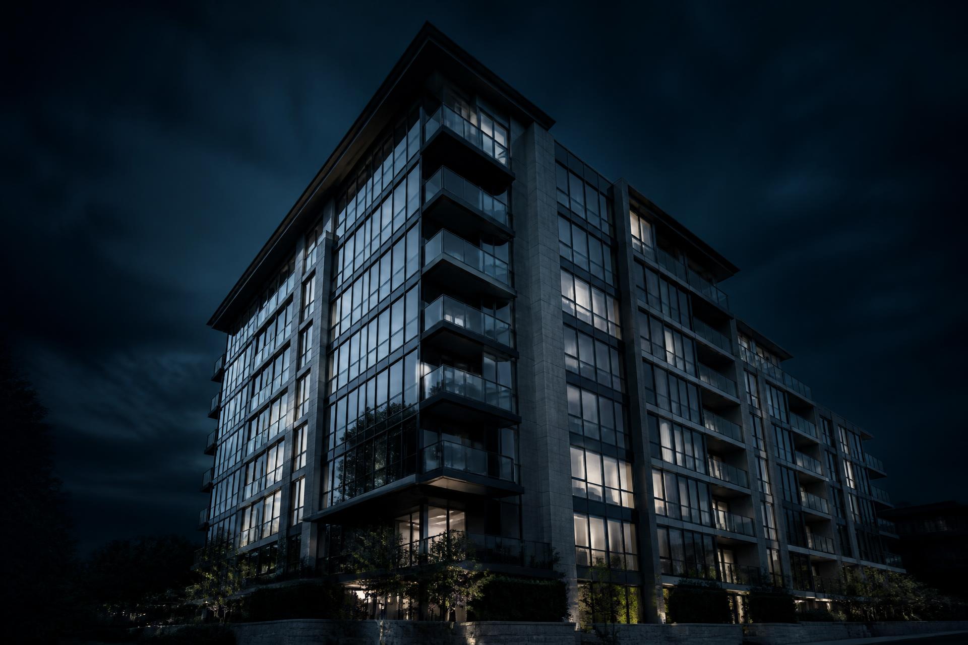 Modern glass and concrete residential building photographed at dusk
